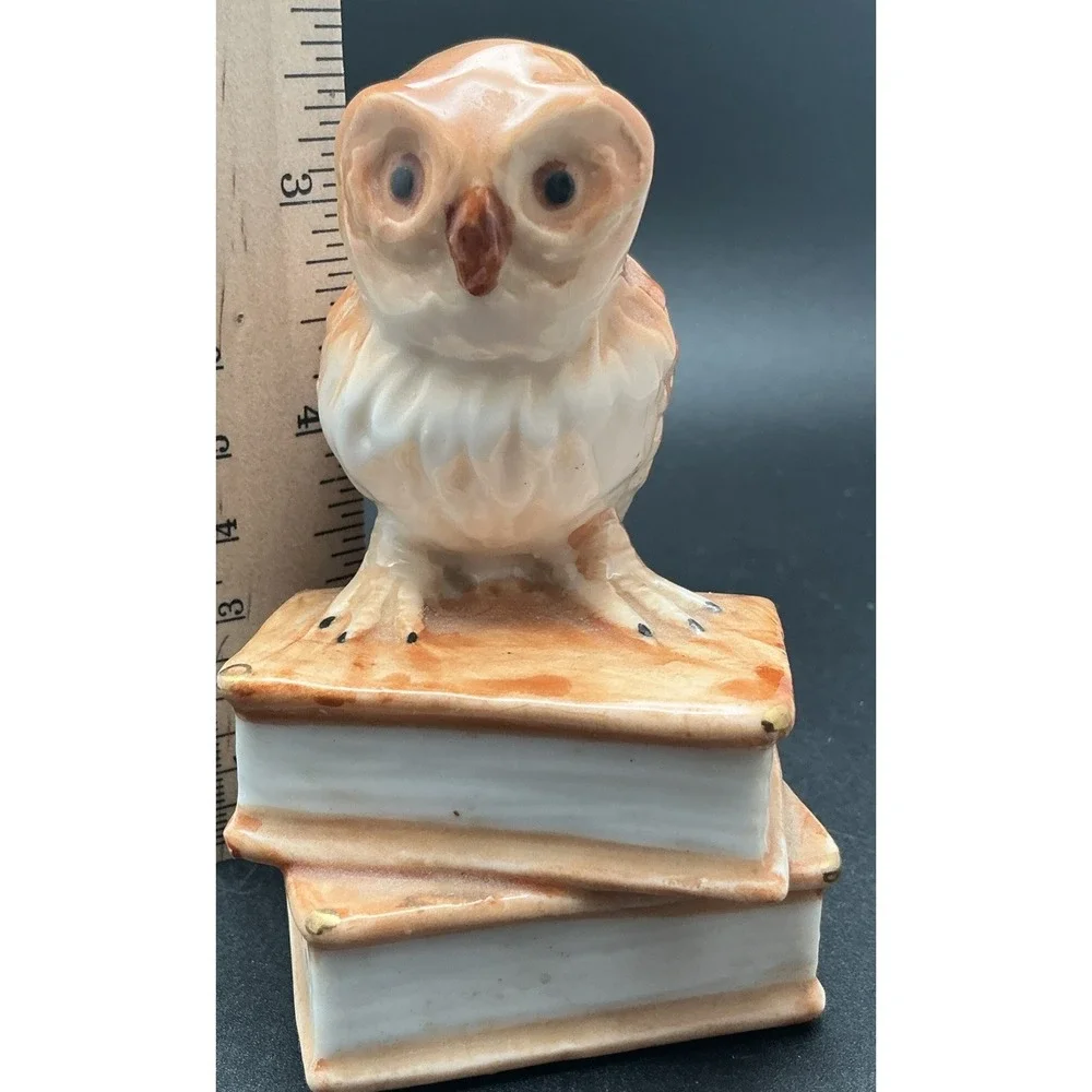 Porcelain Owl Figurine on a Stack of Books With‎ Gilded Corners-Unique
